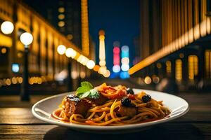 ein Teller von Spaghetti mit Fleisch und Tomate auf ein hölzern Tabelle im ein Stadt beim Nacht. KI-generiert foto