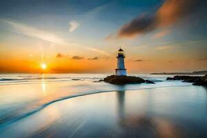 Foto Hintergrund das Himmel, das Meer, das Strand, das Sonne, das Leuchtturm, das Meer. KI-generiert