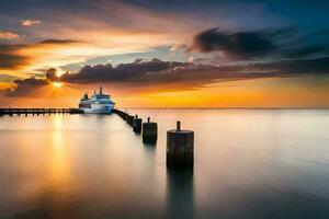 ein Kreuzfahrt Schiff angedockt beim das Seebrücke beim Sonnenuntergang. KI-generiert foto