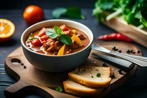 ein Schüssel von Suppe mit Brot und Gemüse auf ein Schneiden Tafel. KI-generiert foto