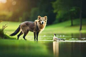 ein Wolf und ein Ente Stehen im das Wasser. KI-generiert foto