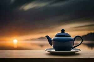 ein Blau Teekanne sitzt auf ein hölzern Tabelle mit ein Aussicht von das Sonnenuntergang. KI-generiert foto