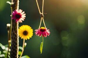 ein hängend Blume mit ein Sonne leuchtenden durch Es. KI-generiert foto