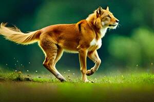 ein rot Wolf Laufen über ein Grün Feld. KI-generiert foto