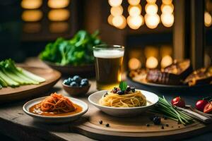 ein Tabelle mit Essen und Bier auf Es. KI-generiert foto