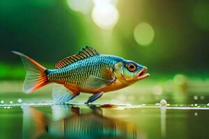 ein Fisch ist Stehen auf das Wasser mit ein Grün Hintergrund. KI-generiert foto