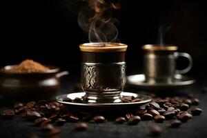 ai generativ. heiß schwarz Kaffee Becher auf dunkel Hintergrund foto