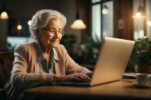 alt Senior Alten Frau Arbeiten auf Laptop Computer im Cafe. ai generativ foto