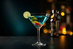 Martini im Glas auf dunkel Hintergrund. kommerziell Werbung Foto. ai generativ foto