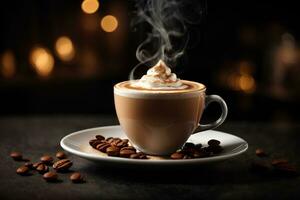 Cappuccino Kaffee Tasse auf dunkel Hintergrund. ai generativ foto