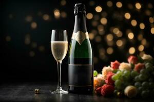 Glas von Champagner und Champagner Flasche auf dunkel Hintergrund mit Bokeh. kommerziell Werbung Foto. ai generativ foto