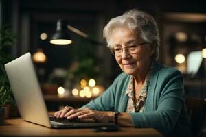 alt Senior Alten Frau Arbeiten auf Laptop Computer im Cafe. ai generativ foto