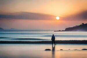 ein Mann Stehen auf das Strand beim Sonnenuntergang. KI-generiert foto