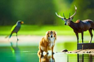 ein Hund und Hirsch Stehen im das Wasser. KI-generiert foto