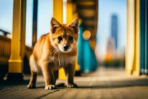 ein klein Hund ist Stehen auf ein Bürgersteig. KI-generiert foto