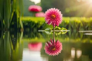 ein Rosa Blume ist reflektiert im das Wasser. KI-generiert foto