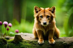 ein Hund Sitzung auf ein Log im das Wald. KI-generiert foto