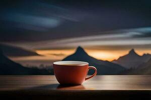 ein Tasse von Kaffee auf ein Tabelle im Vorderseite von Berge. KI-generiert foto