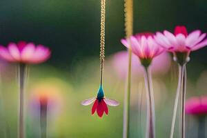 ein Blume Halskette hängend von ein Blume. KI-generiert foto