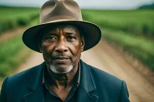 ein afrikanisch Mann tragen ein Hut im ein Weinberg. KI-generiert foto