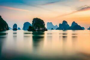 das Sonne setzt Über das Wasser im Halong Bucht, Vietnam. KI-generiert foto