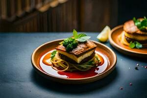 zwei Platten mit Essen auf ihnen. KI-generiert foto