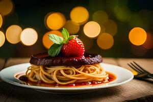 Spaghetti mit Fleisch und Erdbeere auf ein Platte. KI-generiert foto