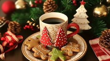 dekoriert Kaffee Tasse und Kekse mit Hintergrund von Weihnachten Baum foto