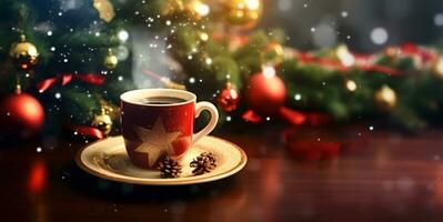 dekoriert Keramik Kaffee Tasse mit Hintergrund von Weihnachten Baum foto