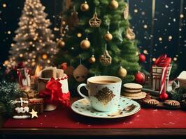 dekoriert Kaffee Tasse und Kekse mit Hintergrund von Weihnachten Baum foto