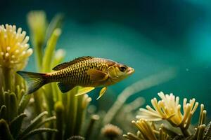 ein Fisch Schwimmen im ein Aquarium mit Pflanzen. KI-generiert foto