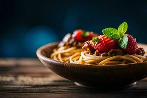 Spaghetti mit Fleisch und Erdbeeren im ein hölzern Schüssel. KI-generiert foto