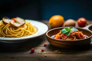 Spaghetti und Tomate Soße im ein Schüssel. KI-generiert foto