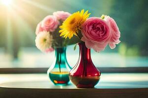 zwei bunt Vasen mit Blumen auf ein Tisch. KI-generiert foto