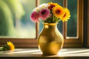 ein golden Vase mit bunt Blumen Sitzung auf ein Fenster Schwelle. KI-generiert foto