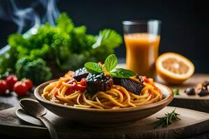 Spaghetti mit Fleisch und Gemüse im ein Schüssel. KI-generiert foto