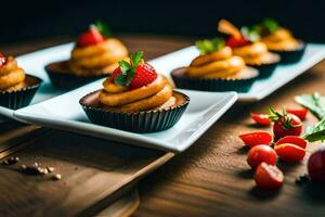 klein Cupcakes mit Erdbeeren und Kirschen auf ein hölzern Tisch. KI-generiert foto