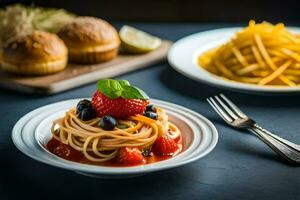 ein Teller von Spaghetti mit Tomaten und Beeren. KI-generiert foto