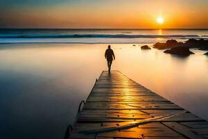 ein Mann Gehen auf ein hölzern Seebrücke beim Sonnenuntergang. KI-generiert foto