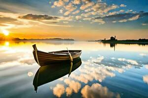 ein Boot ist schwebend auf das Wasser beim Sonnenuntergang. KI-generiert foto
