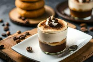 Kaffee und Schokolade Dessert auf ein hölzern Tisch. KI-generiert foto