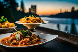 ein Teller von Pasta und ein Schüssel von Soße auf ein Tisch. KI-generiert foto