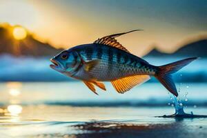 ein Fisch Springen aus von das Wasser beim Sonnenuntergang. KI-generiert foto