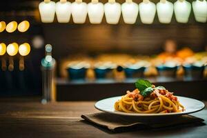 Spaghetti auf ein Teller auf ein hölzern Tisch. KI-generiert foto