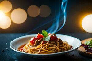 Spaghetti mit Fleisch und Gemüse im ein Schüssel. KI-generiert foto