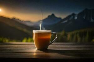 ein Tasse von Kaffee auf ein hölzern Tabelle im das Berge. KI-generiert foto