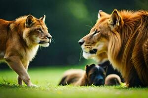 zwei Löwen sind Stehen Nächster zu jeder andere im das Gras. KI-generiert foto