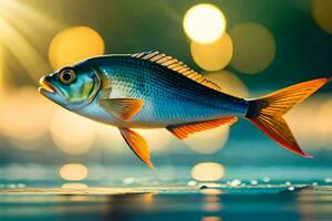 ein Fisch ist Springen im das Wasser mit ein hell Licht hinter Es. KI-generiert foto