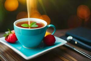 ein Tasse von Tee mit Erdbeeren. KI-generiert foto