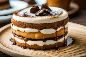 ein geschichtet Kuchen mit Schokolade und Sahne auf oben. KI-generiert foto